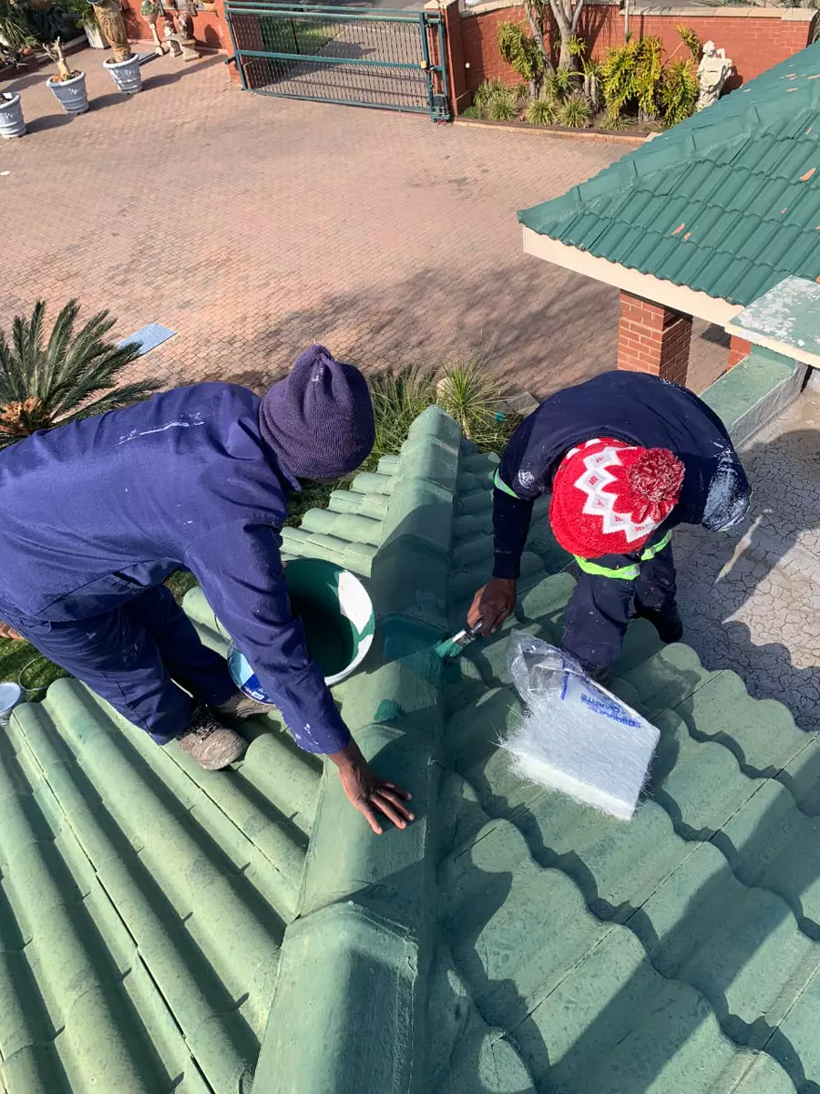 The team waterproofing a tiled roof
